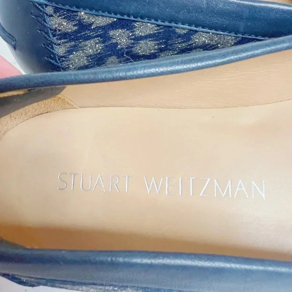 Like New Stuart Weitzman Blue Leather and Gold Glitter Loafer Flats Size 8.5 - Picture 5 of 8